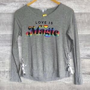 Love Glam Girl NEW Dani Long Sleeve Rainbow Graphic Shirt L 14 Lace Up Sides
